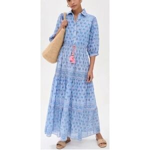NWT Bell by Alicia Bell Belle Dress Blue Floral Block Print Maxi Cotton/Silk L